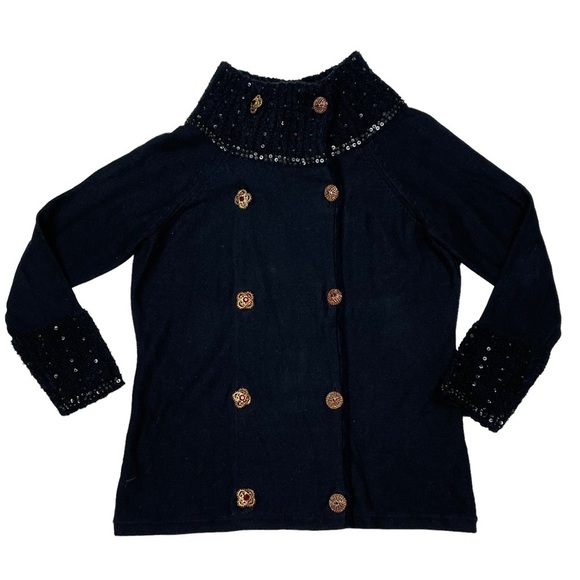 BEREK RHINESTONE CRYSTAL BUTTON DOUBLE BREASTED COTTON KNIT CARDIGAN SWEATER - Picture 3 of 14